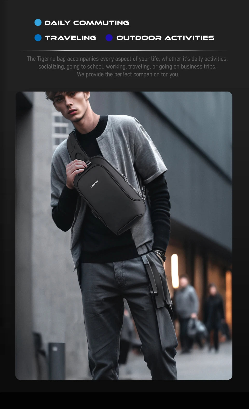 Tigernu Fashion Chest Bags Men High Quality Crossbody Bag Splashproof Chest Bag Anti-theft USB Charging Casual Shoulder Bag Male
