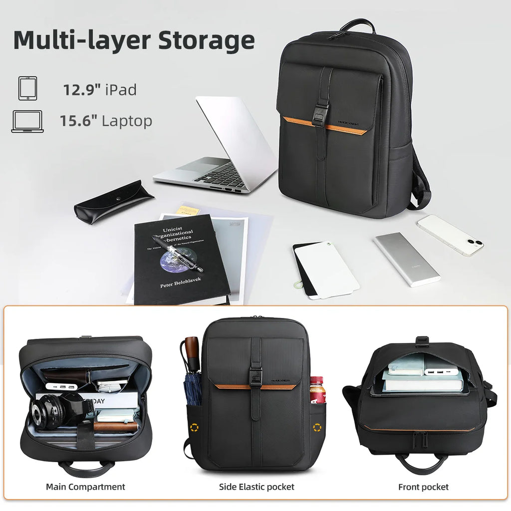 HK Stylish Business Backpack for Men Waterproof 15.6 inch Flap Laptop Backpack Multiple Pockets Casual Daypack for Work School