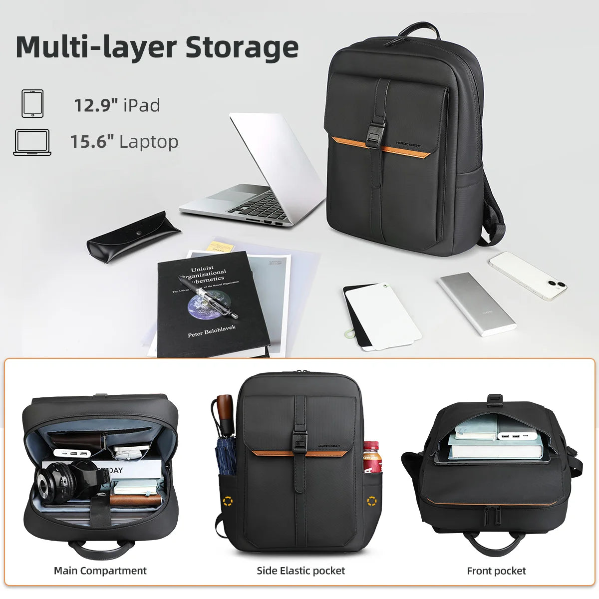 HK Stylish Business Backpack for Men Waterproof 15.6 inch Flap Laptop Backpack Multiple Pockets Casual Daypack for Work School