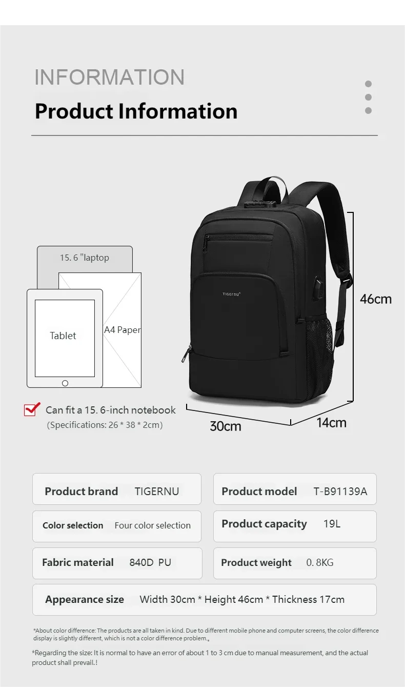 Tigernu 15.6 Laptop Backpack Business Travel Daily Backpack With External USB Port Wear‑Resistant Suspended Zipper Anti‑Theft