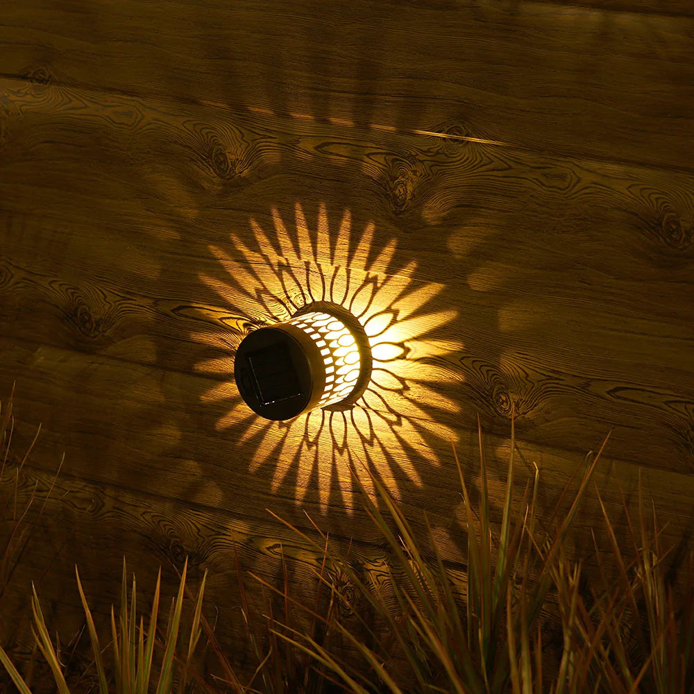 Solar Outdoor Wall Light Projector Waterproof Garden Lamp Patio Fence Decorative Hollow Lantern Lawn Yard Pathway Decor Lighting