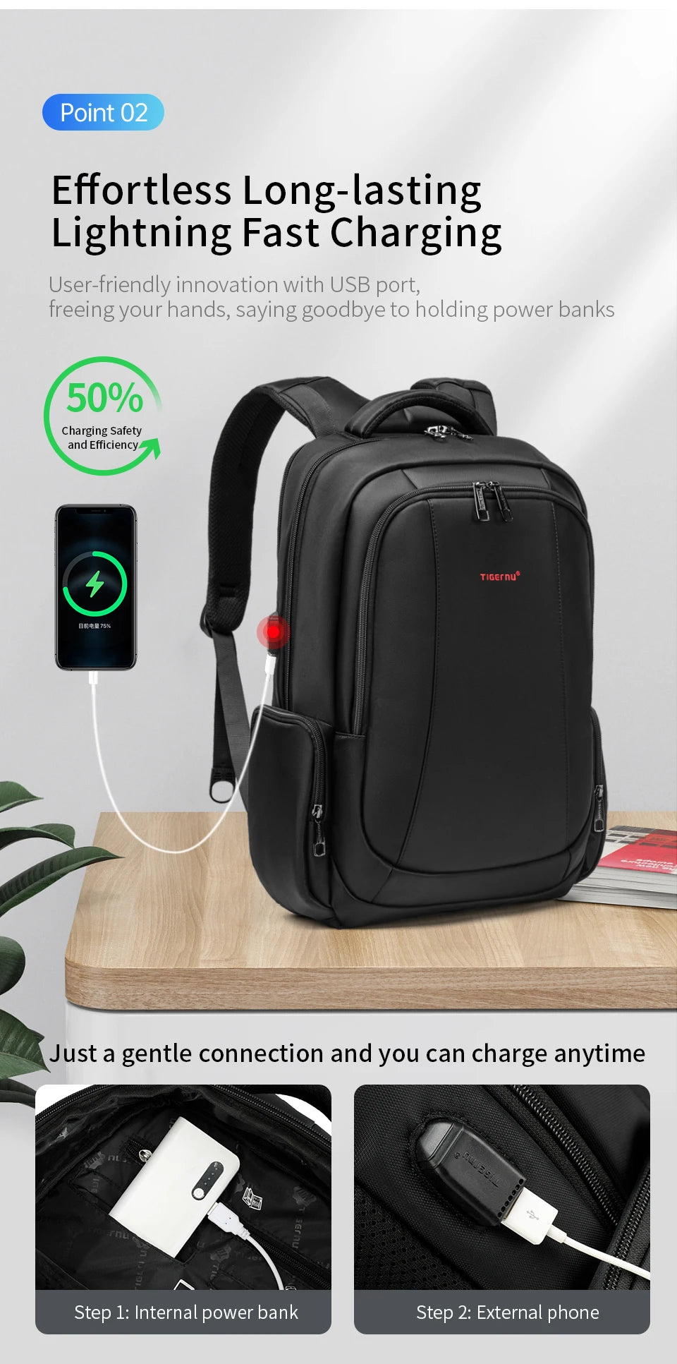 Tigernu School Backpack Men Large Travel Backpack For Vacuum Compression Backpack 15.6 17inch Bags USB Port Student Backpack Bag