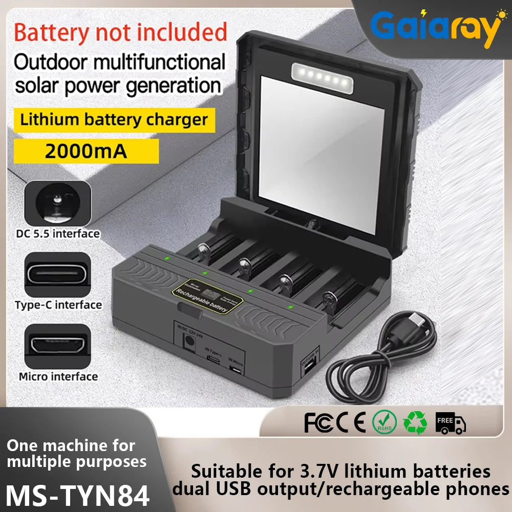 Solar Lithium Battery Smart Charger Type-C USB Four-Slot Multi-Function Outdoor Charger for 3.7V 18650/26650/21700 Batteries