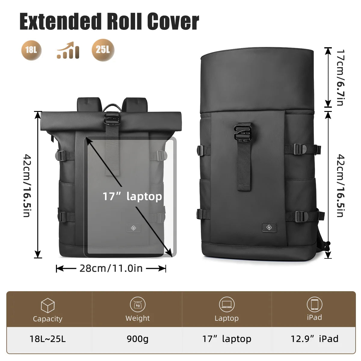 HK Roll-top Travel Backpack Expandable Business Backpack for Men 15.6 Inch Laptop Bag Casual Commute Daypack Computer Men's Bag