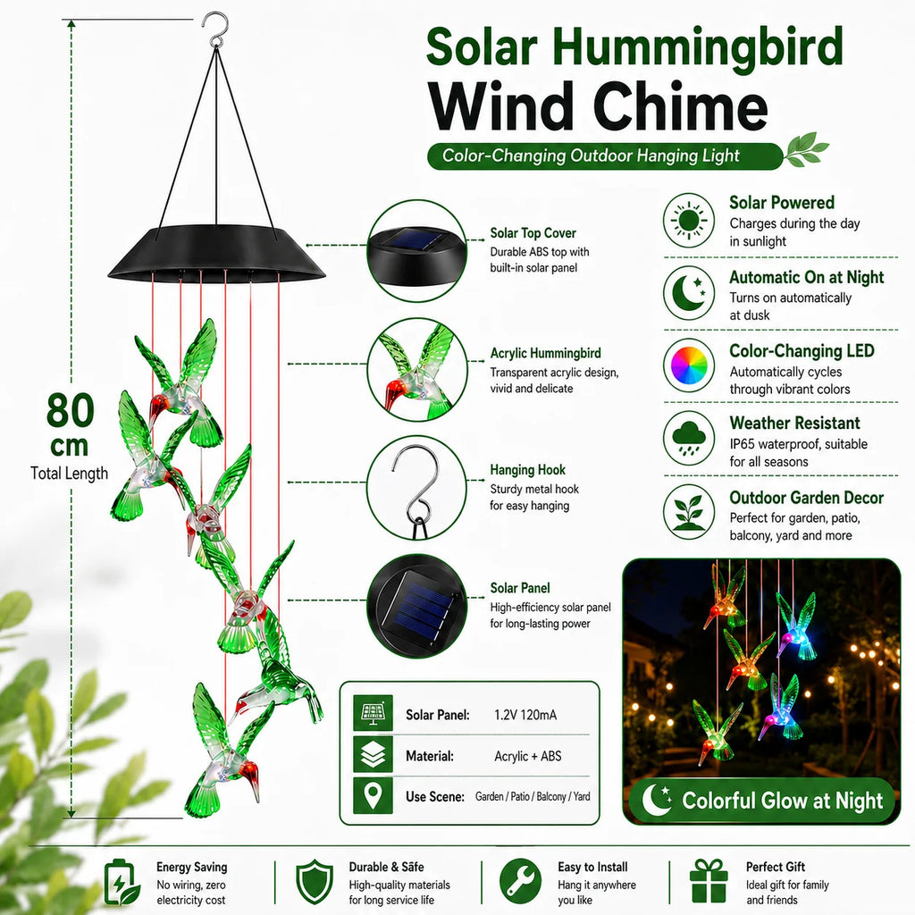 Solar Powered Lamp, Hummingbird, Wind Chime, Outdoor Decoration, Courtyard Decoration, Birthday Gift, Halloween Decoration