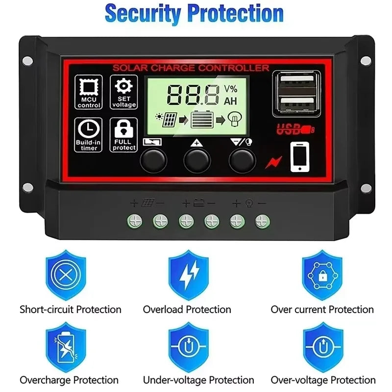 Solar Charge Controller 10A/20A/30A/40A/50A/60A/80A/90A/100A USB LCD Display 12V 24V Panel Charger Regulator with Load