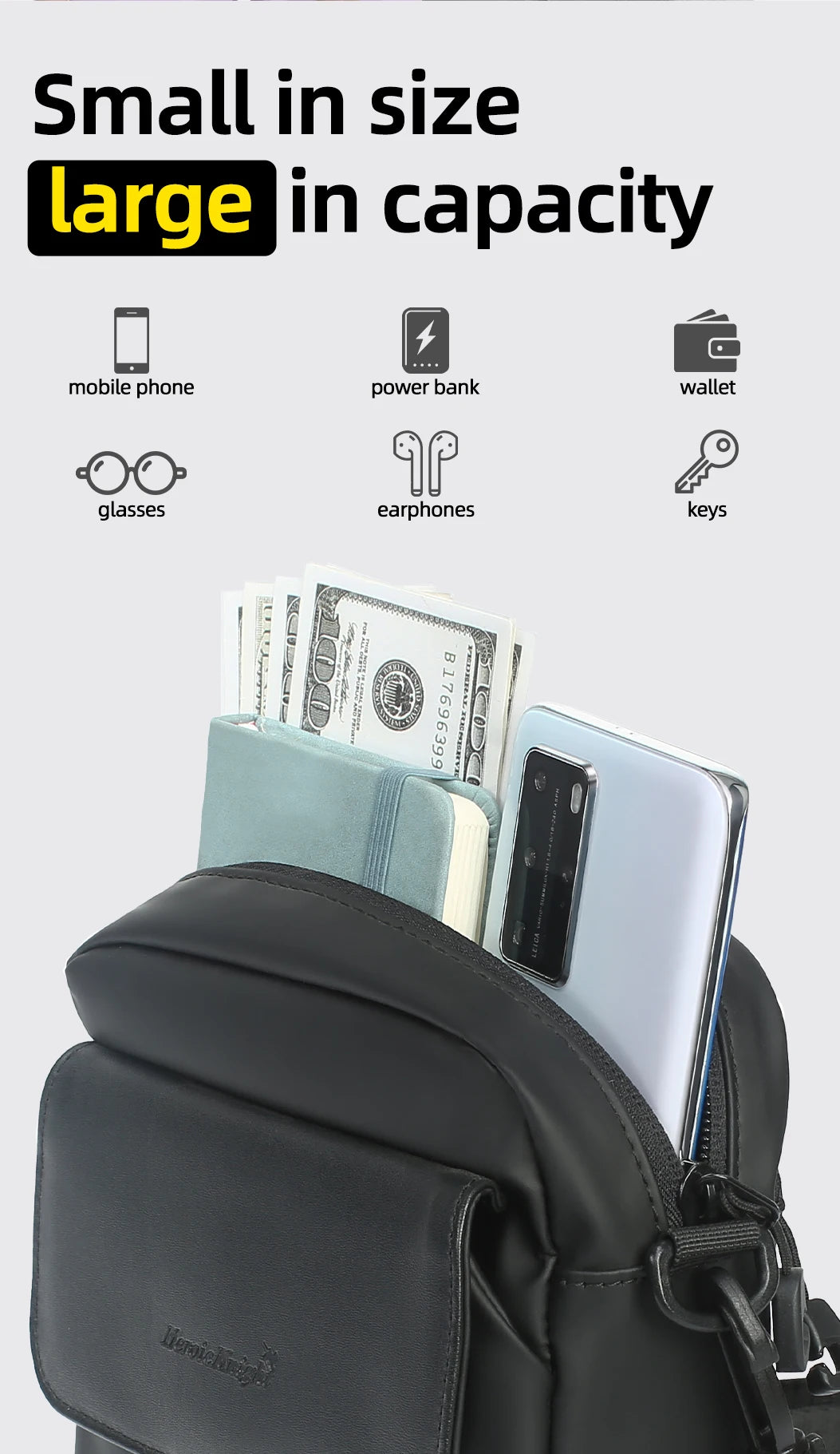 HK Men's Side Shoulder Bag Water-resistent Crossbody Bag For Men Travel Passport Wallet Mini Cell Phone Bag Pouch Sling Packs