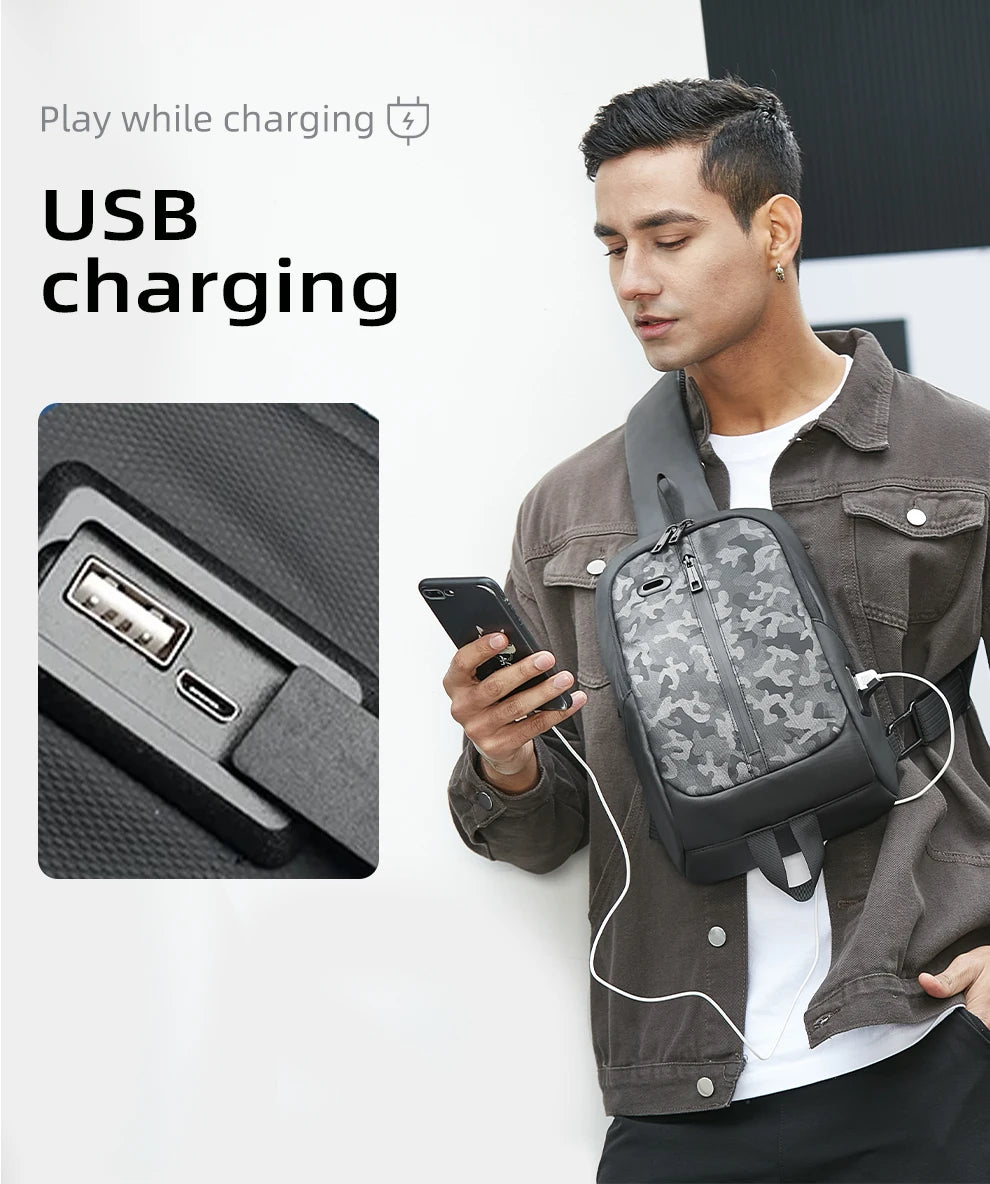 HK Lightweight Shoulder Bag USB Charging Camouflage Crossbody Bag for Men Casual Outdoor Running Sling Bags With Earphone Jack