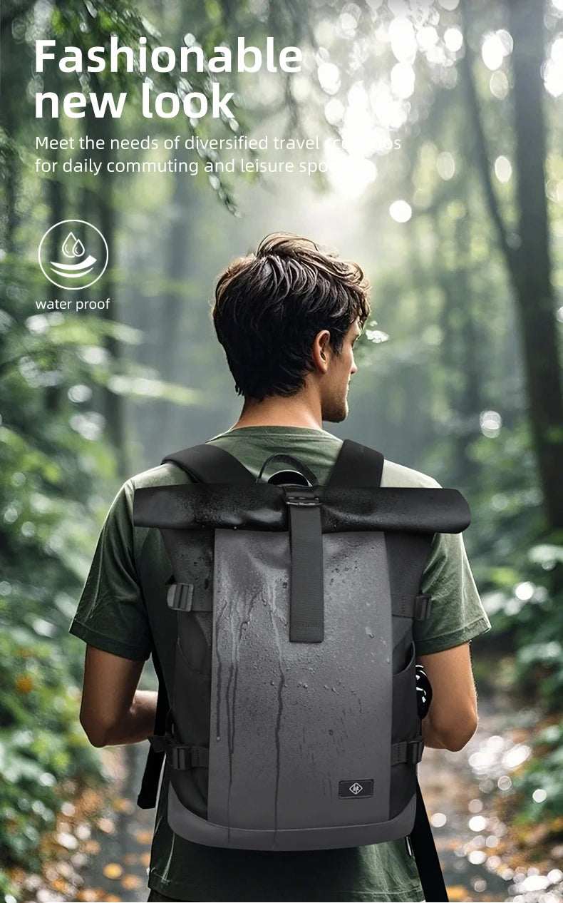 HK Waterproof Roll-Top Backpack for Men Large Capacity Expandable 17 Inch Laptop Bag Leisure Travel Backpack Hiking Camping Bags
