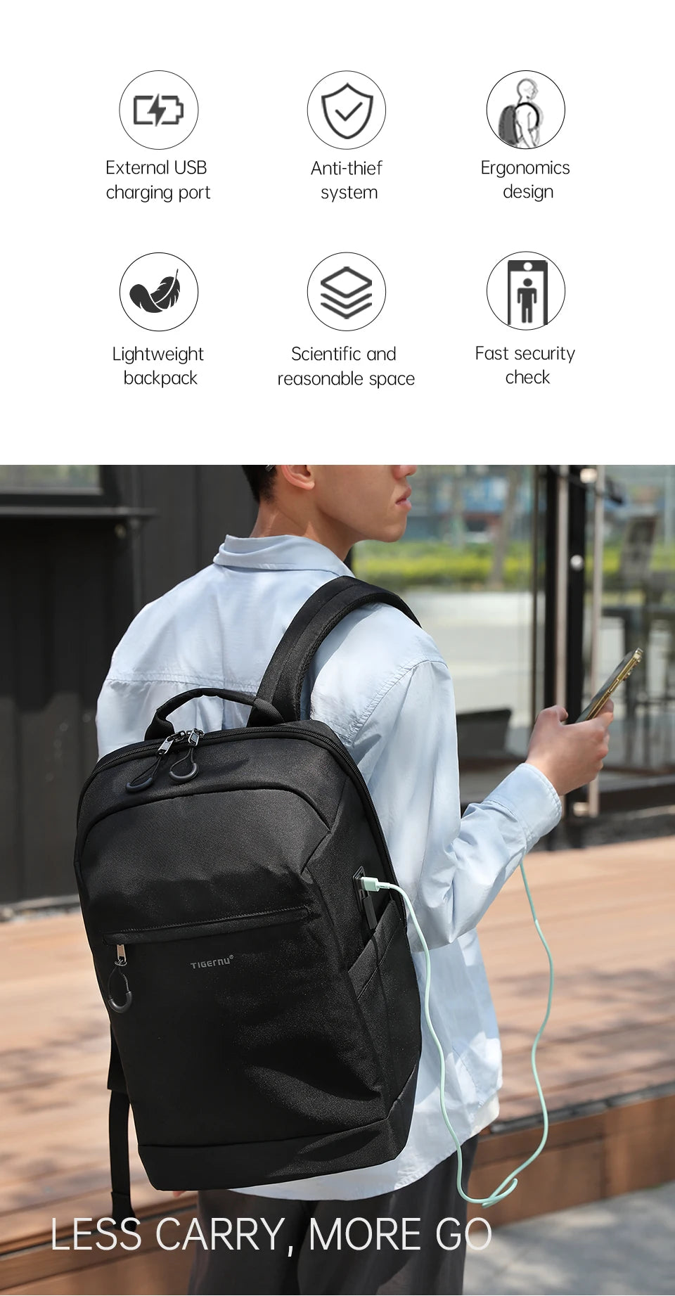 Tigernu Men's Backpack Large Capacity Travel Backpack Fashion Water Repellent USB Port School Backpack Bag Schoolbag Knapsack
