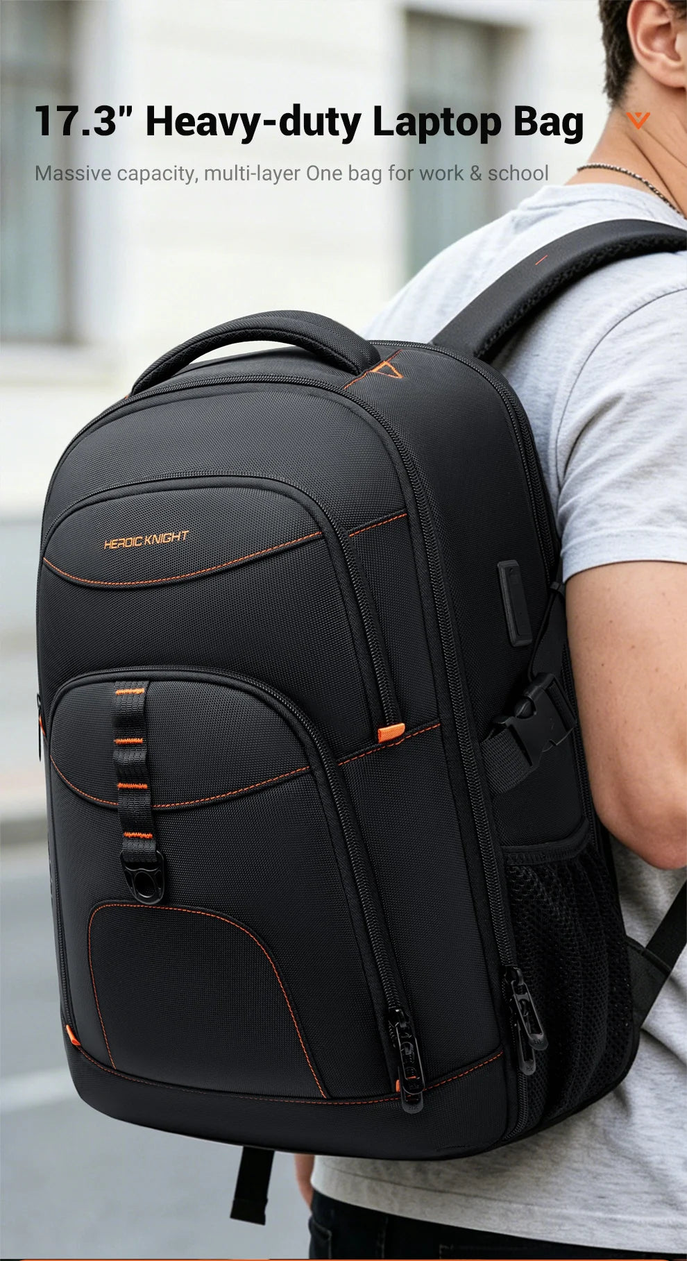 HK Large Capacity Travel Backpack Water Repellent 17.3 inch Laptop Business Bag for Men Work Leisure Hiking Rucksack School Bag