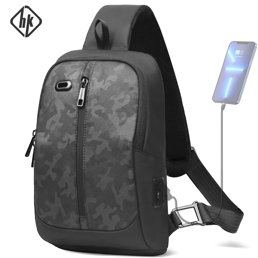 HK Lightweight Shoulder Bag USB Charging Camouflage Crossbody Bag for Men Casual Outdoor Running Sling Bags With Earphone Jack
