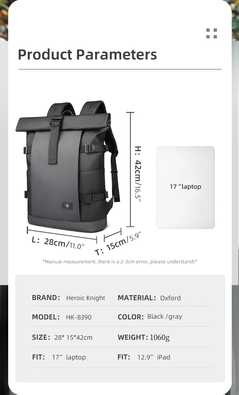 HK Waterproof Roll-Top Backpack for Men Large Capacity Expandable 17 Inch Laptop Bag Leisure Travel Backpack Hiking Camping Bags
