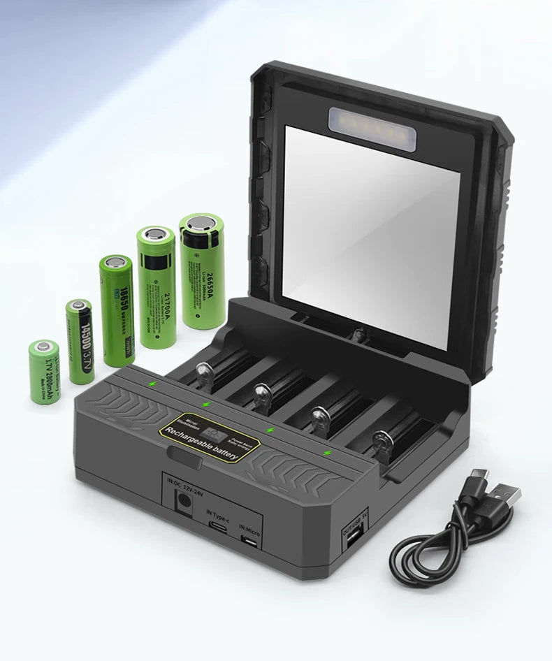 Solar Lithium Battery Smart Charger Type-C USB Four-Slot Multi-Function Outdoor Charger for 3.7V 18650/26650/21700 Batteries