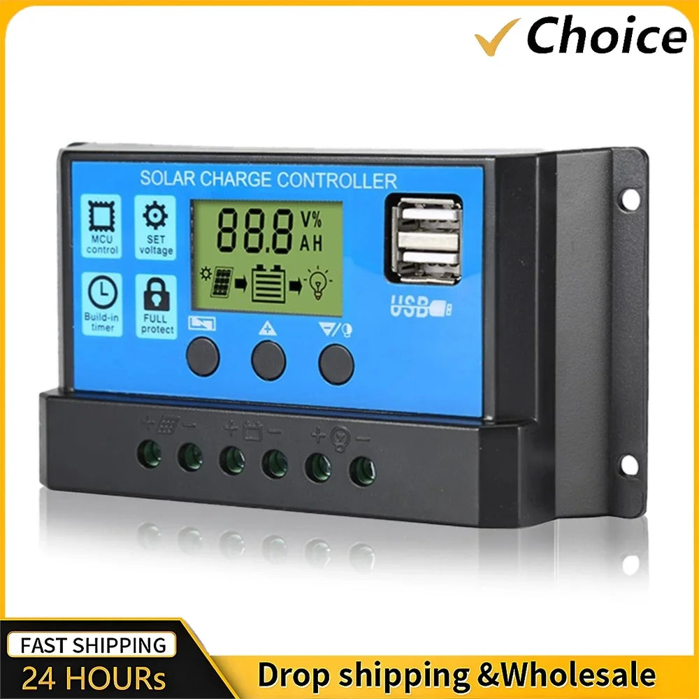 Solar Charge And Discharge Controller with LCD Display Dual USB Auto Solar Panel Charger Regulator for Renewable Energy Systems