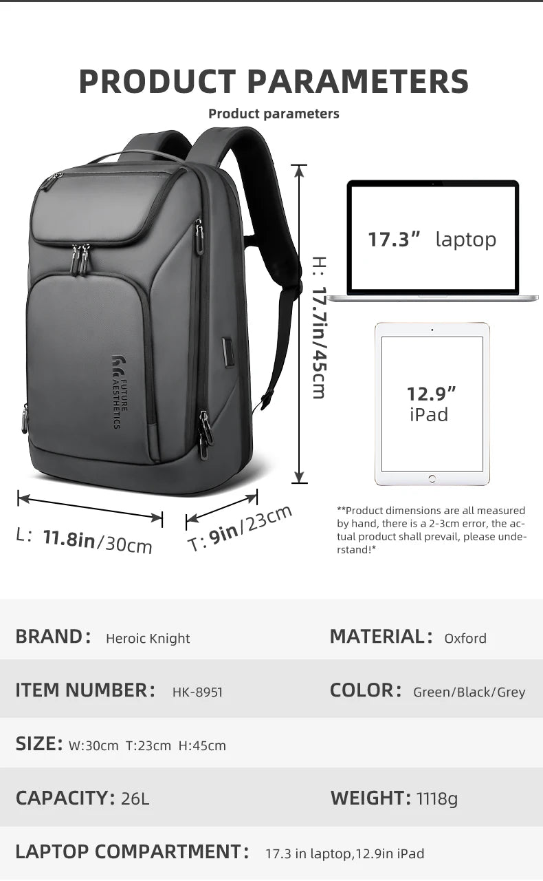 HK Travel Business Backpack for Men Large Capacity 17 Inch Laptop Backpack Multifunctional Anti-Theft Backpack Weekender Daypack
