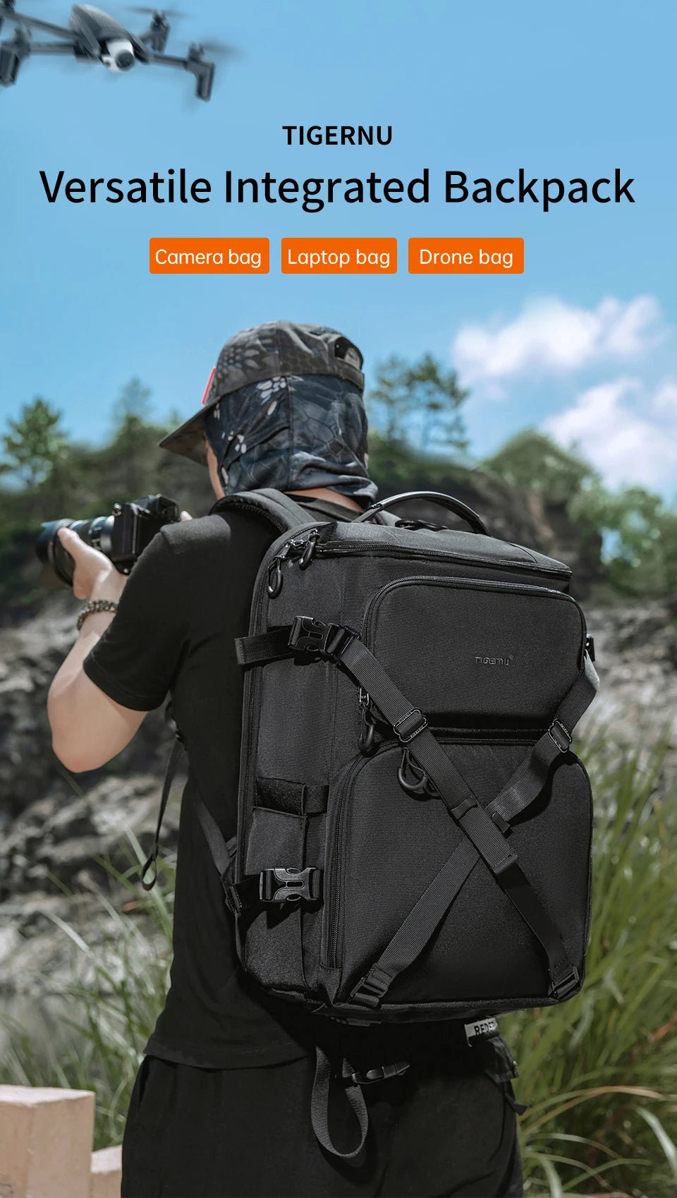 Tigernu Backpacks Men Camera Backpack 14 15.6inch Laptop Backpacks Drone Package Waterproof Cover Travel Backpack Bags Knapsack