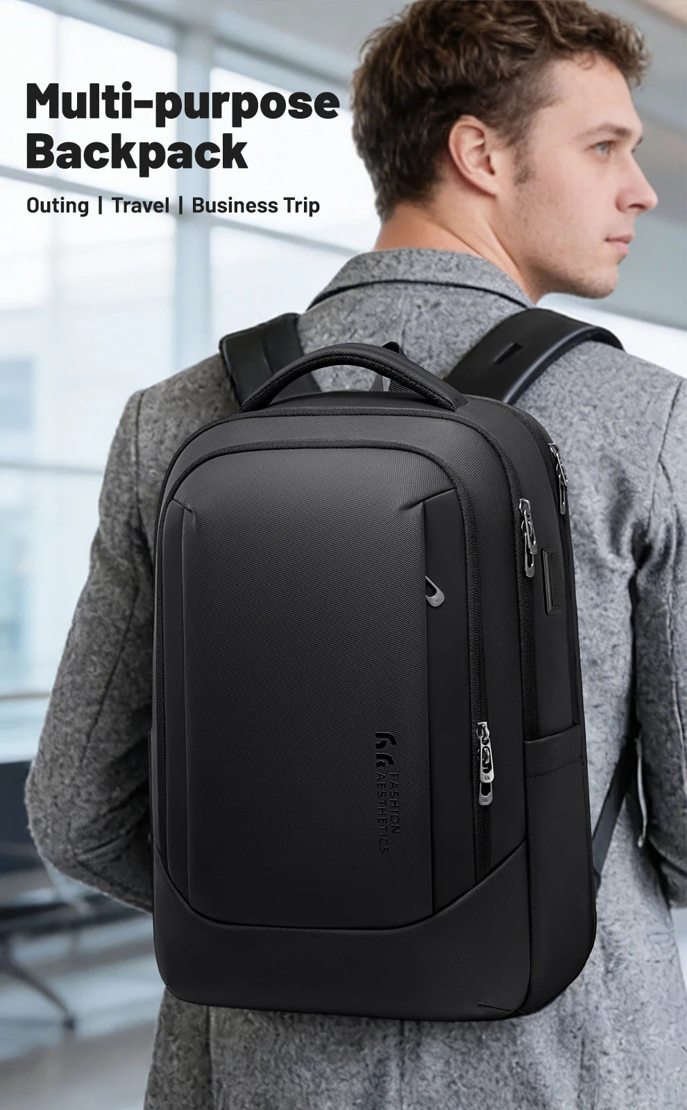 HK Business Backpack with USB Port 17 inch Laptop Bags for Men Waterproof Commute Daypack Large Capacity Travel Office Backpack
