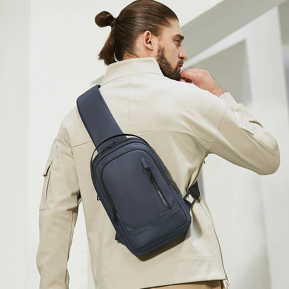 HK Minimalist Crossbody Bag Waterproof Men's Shoulder Bag Oxford Casual School Bag with USB Port Commute Business Chest Bag Male