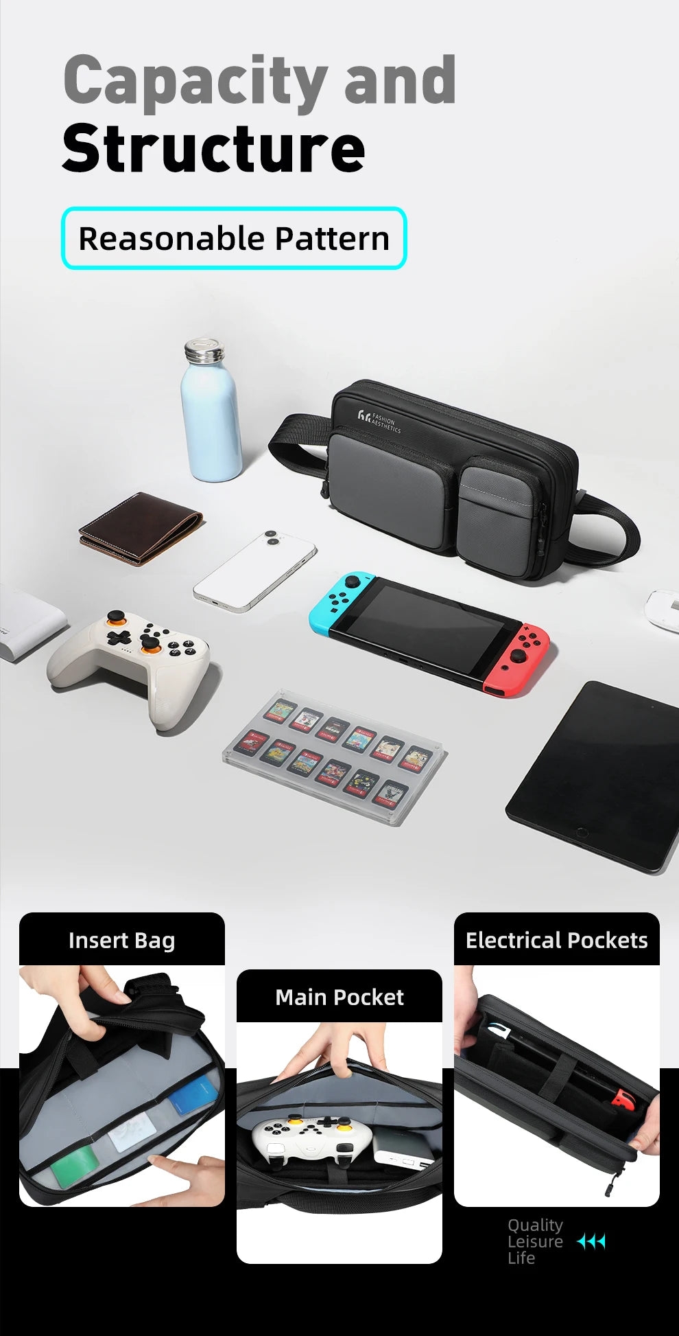 HK Lightweight Crossbody Bag For Men Waterproof Shoulder Messenger Bag Compatible With Handheld Game Console Travel Chest Pouch
