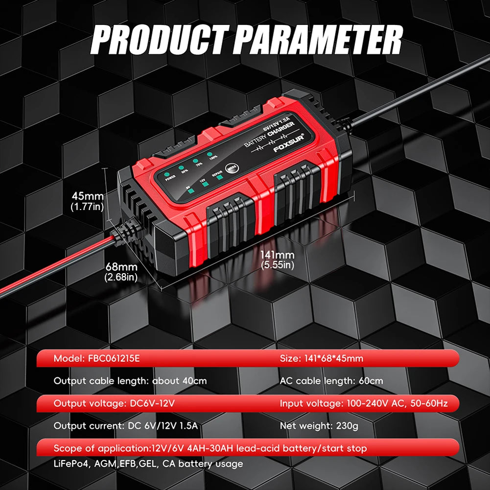 6V 12V 1.5A Smart Car Battery Charger for Lead-Acid AGM GEL Batteries (US)