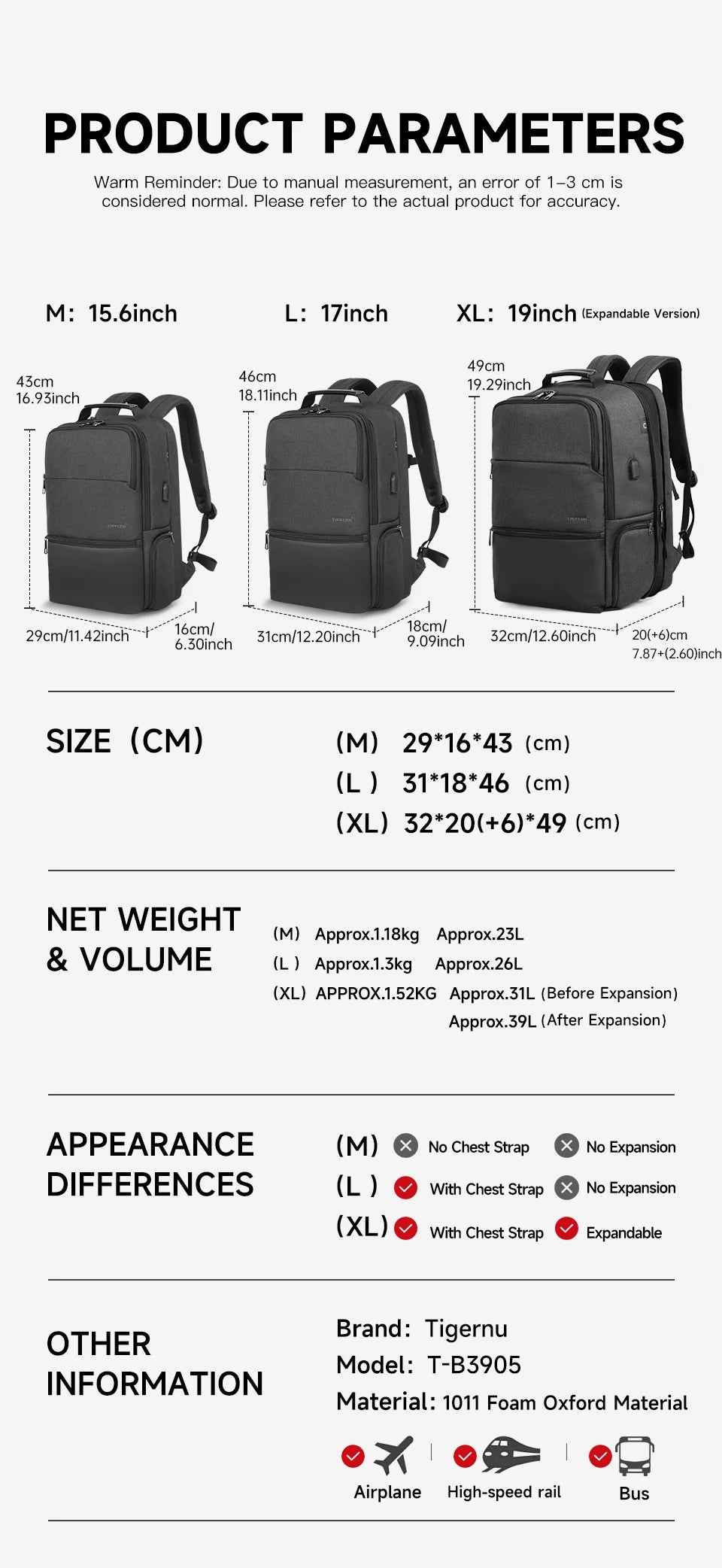 Tigernu Men Expandable Backpack 15.6-19inch Laptop Backpack For Men RFID Anti Theft Bag Travel Bag Schoolbag Cabin Bags Knapsack