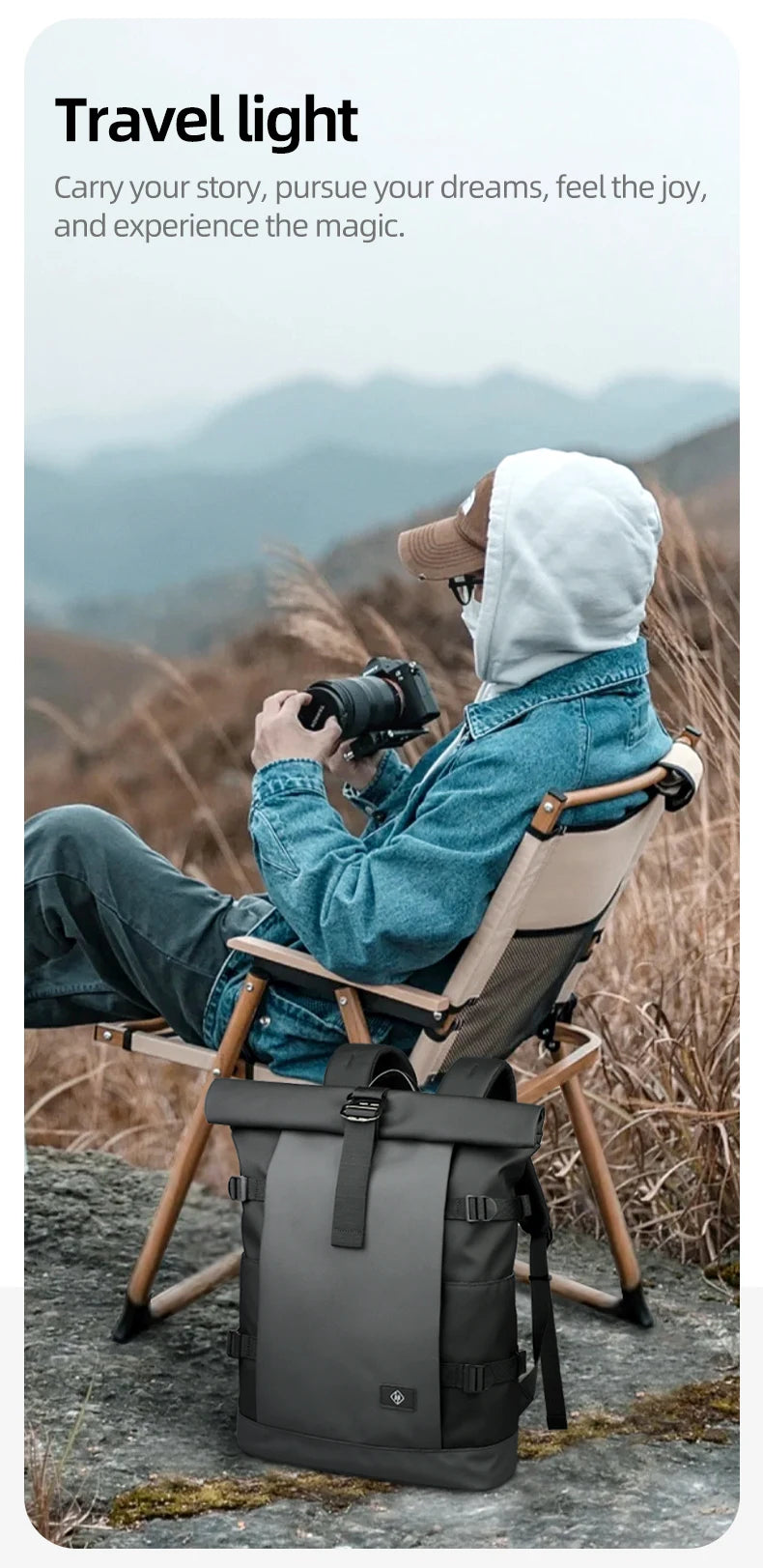 HK Waterproof Roll-Top Backpack for Men Large Capacity Expandable 17 Inch Laptop Bag Leisure Travel Backpack Hiking Camping Bags