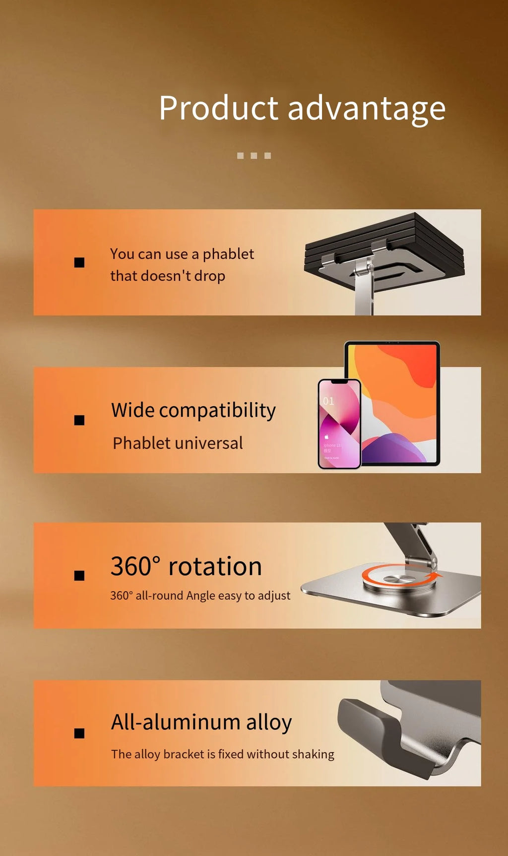 360° Rotation Tablet Stand for iPad, Adjustable Foldable Tablet Holder,Aluminum Phone Stand Compatible with iPad Pro/ Air/ Mini