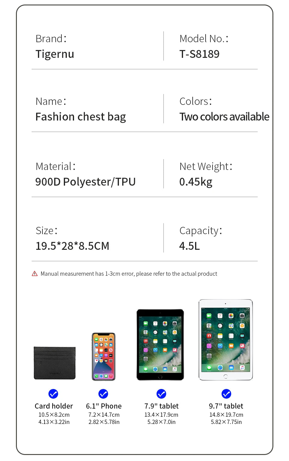 Tigernu Chest Bags For Men Cool Style Men Shoulder Bag 9.7inch IPad Bag Casual Male Crossbody Bag Lightweigt Mini Bags Messenger