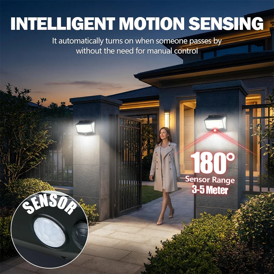 Solar Lights Outdoor 458 LED Solar Wall Lamp Waterproof Wireless Motion Sensor Security 3 Modes Garden Fence Yard Deck Garage