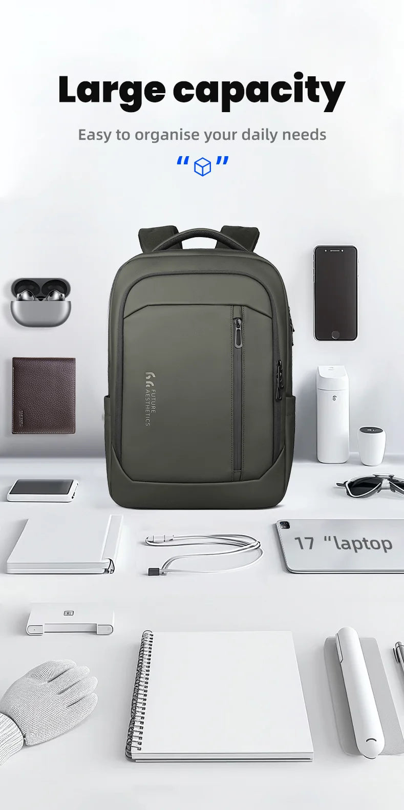HK Multi Pocket Business Backpack Waterproof 17 inch Laptop Backpack with USB Charging Port School Bag for Men Computer Rucksack