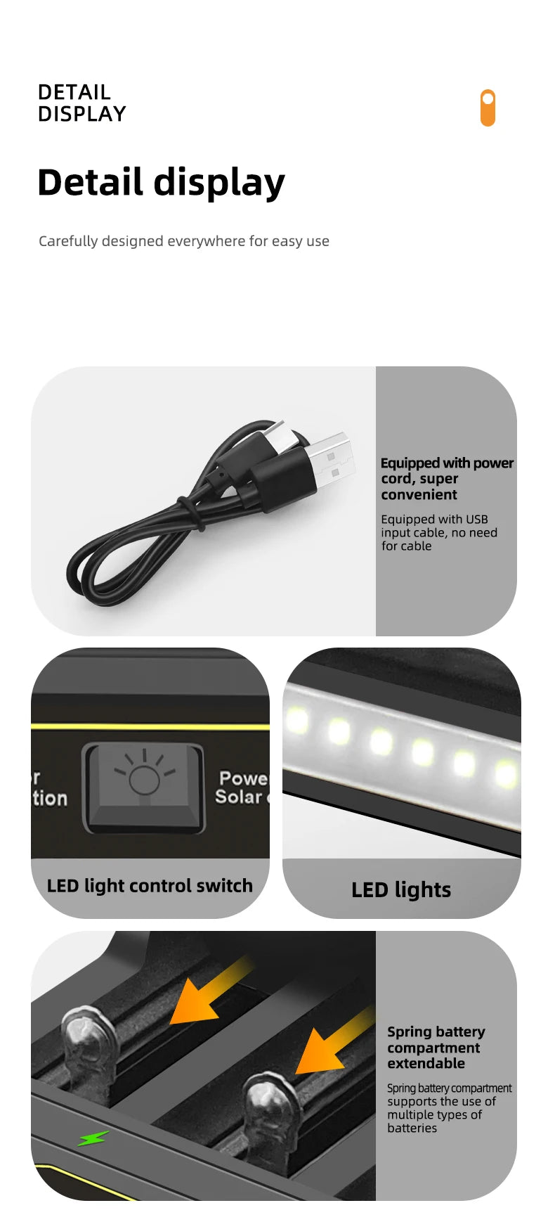 Solar Lithium Battery Smart Charger Type-C USB Four-Slot Multi-Function Outdoor Charger for 3.7V 18650/26650/21700 Batteries