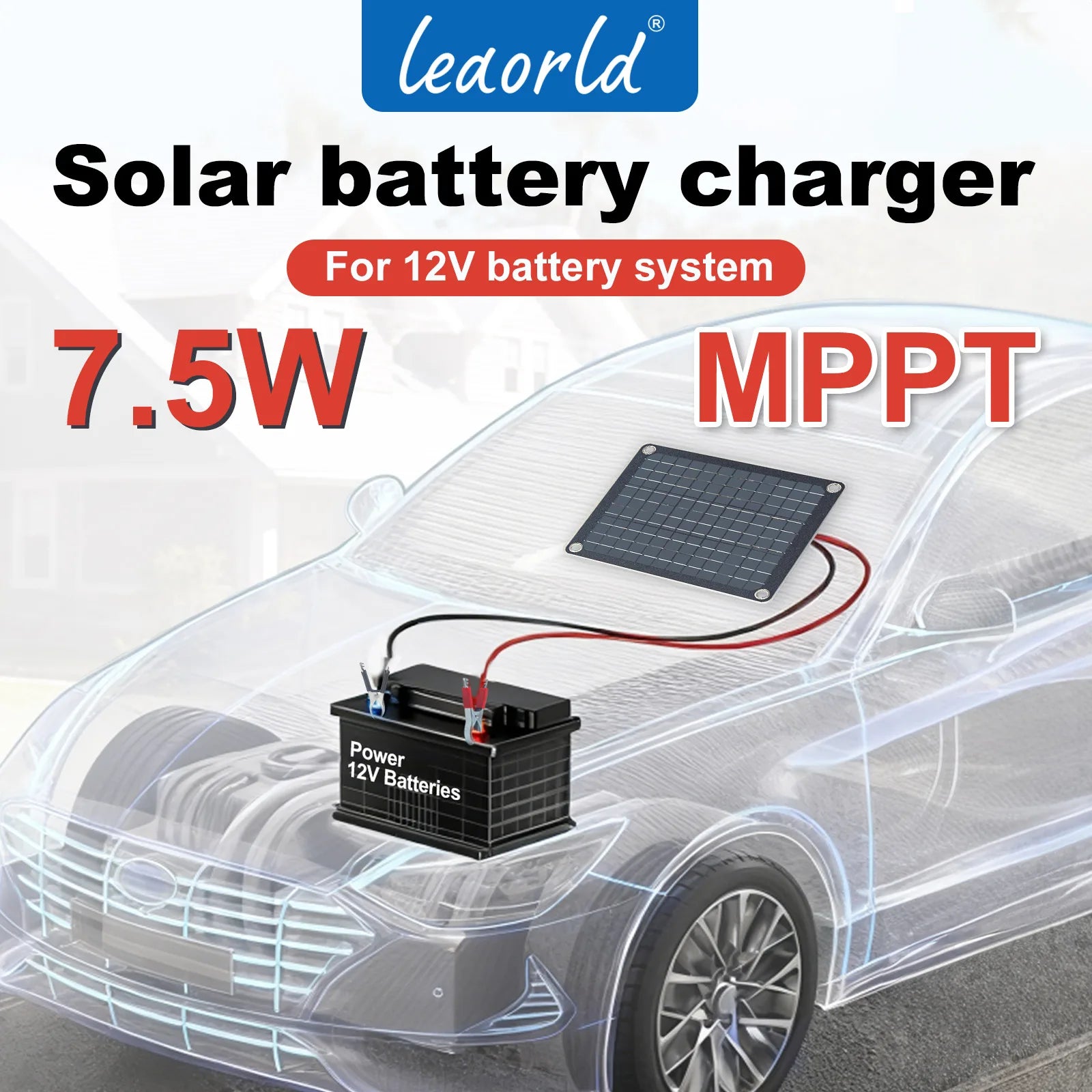 LEAORLD 7.5W 12V MPPT Solar Battery Charger, Solar Panel Maintenance Device, Solar Panel Trickle Charging Kit