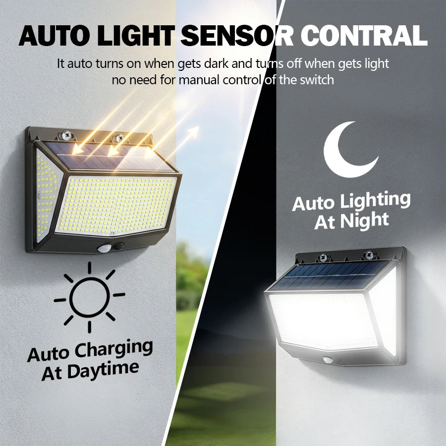 Solar Lights Outdoor 458 LED Solar Wall Lamp Waterproof Wireless Motion Sensor Security 3 Modes Garden Fence Yard Deck Garage
