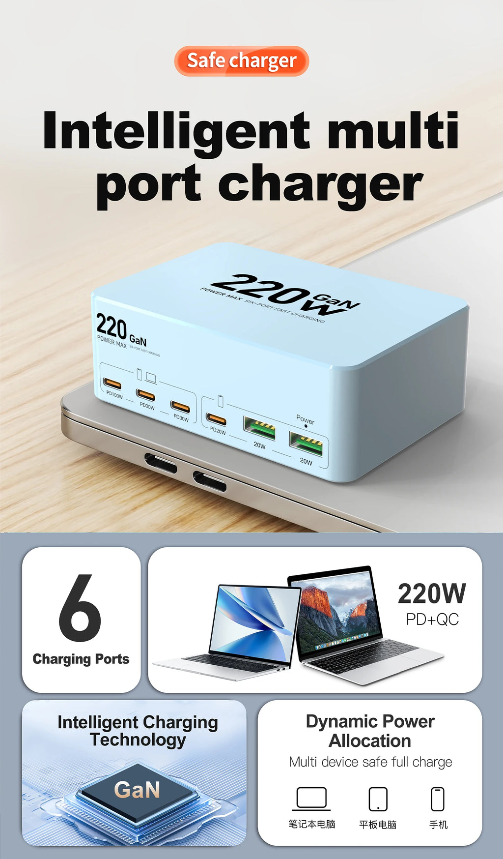 220W GaN USB Type C Fast Charger Portable QC3.0 140W Desktop Power Charging Station Charger For iPhone 16 15 Pro Max MacBook Air