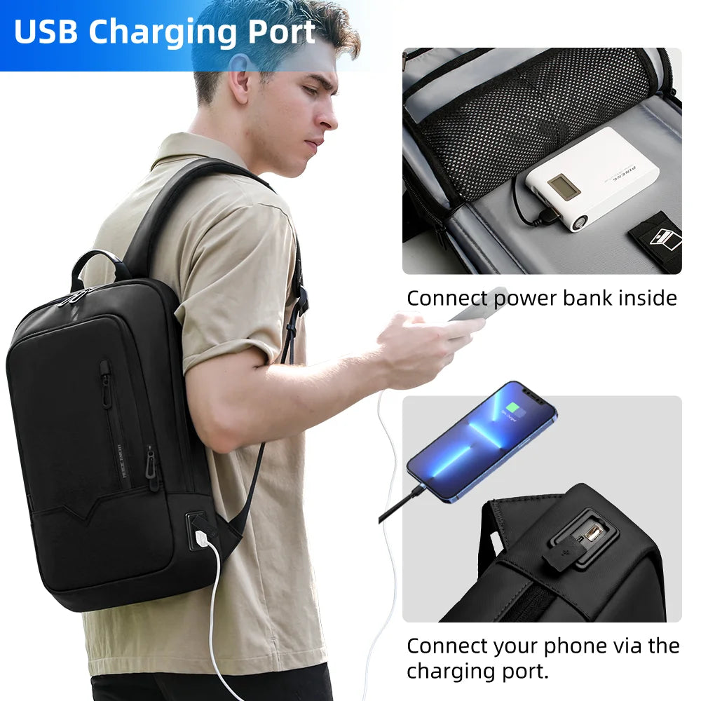 HK Slim Business Backpack for Men 17.3 inch Laptop Bag with USB Port Lightweight School Bag Waterproof Travel Backpacks for Work