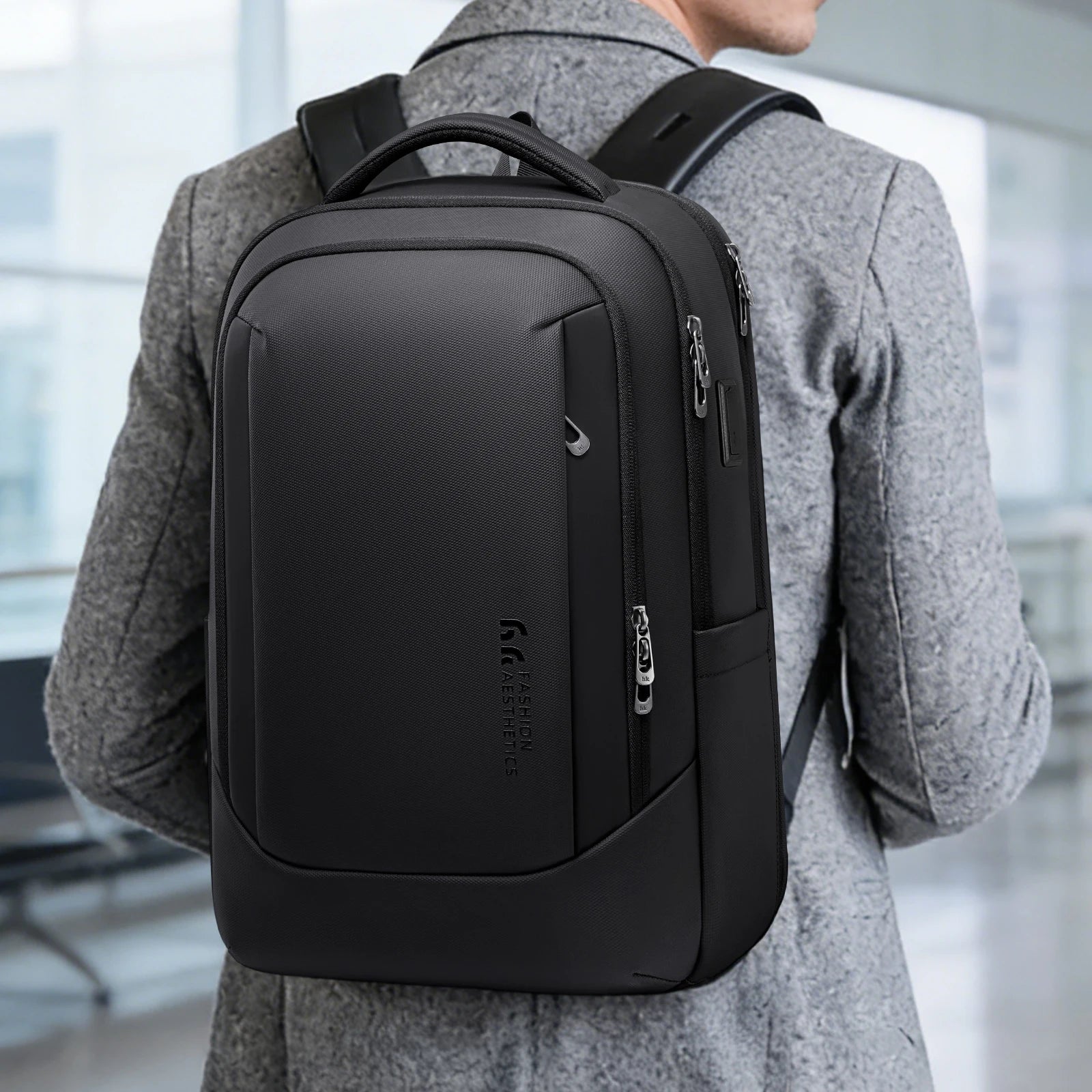 HK Business Backpack with USB Port 17 inch Laptop Bags for Men Waterproof Commute Daypack Large Capacity Travel Office Backpack