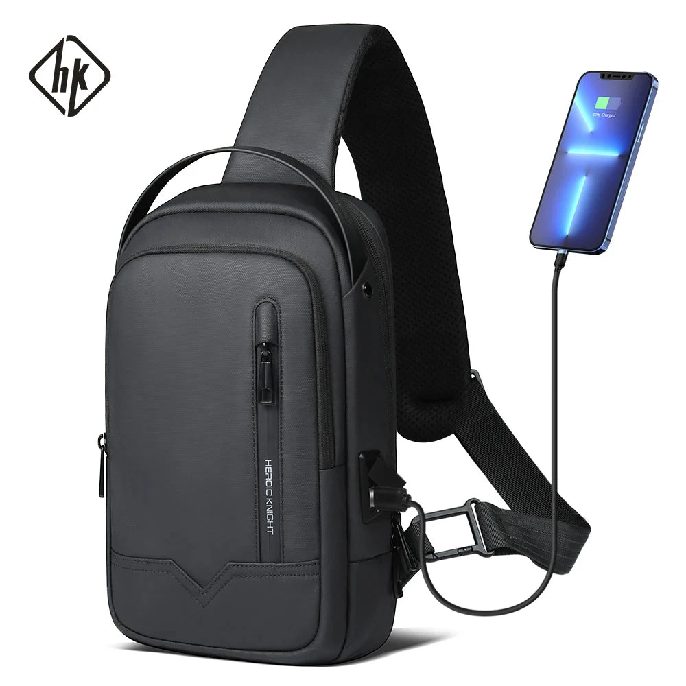 HK Minimalist Crossbody Bag Waterproof Men's Shoulder Bag Oxford Casual School Bag with USB Port Commute Business Chest Bag Male
