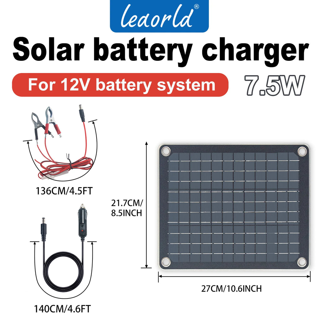 LEAORLD 7.5W 12V MPPT Solar Battery Charger, Solar Panel Maintenance Device, Solar Panel Trickle Charging Kit