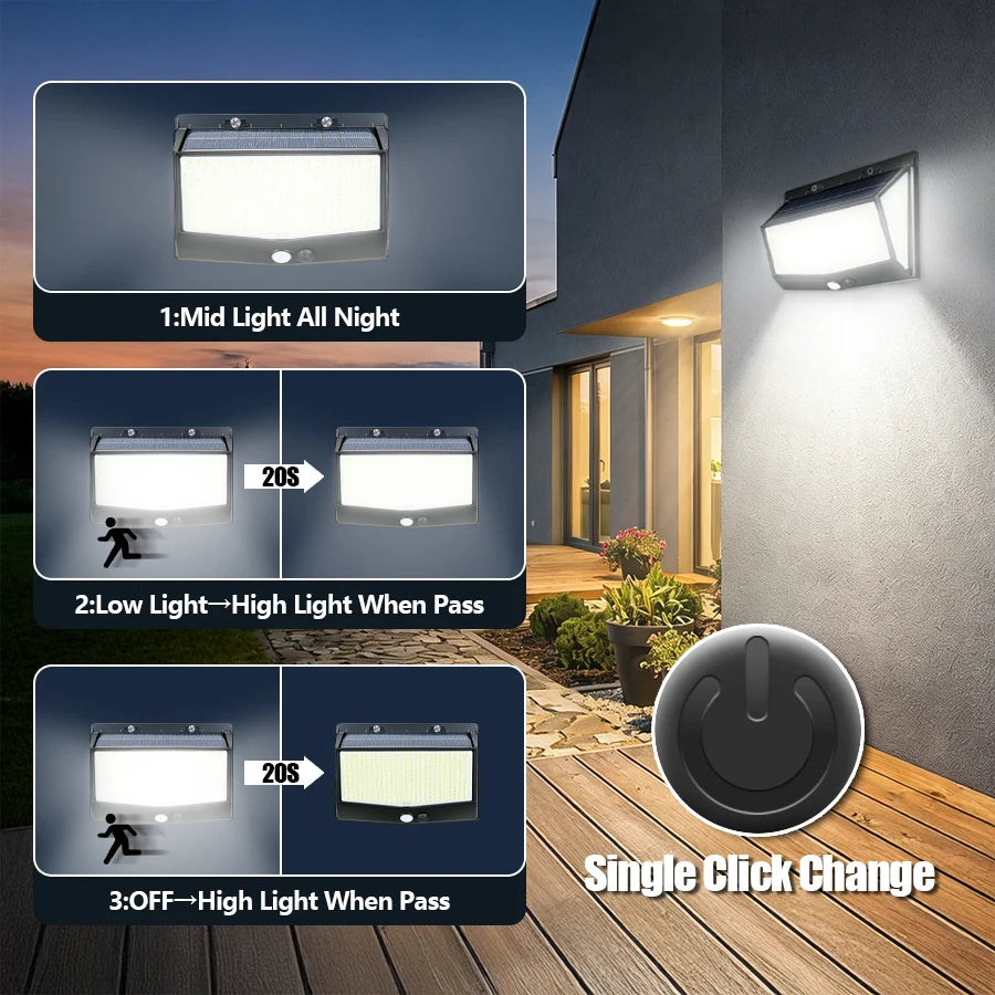 Solar Lights Outdoor 458 LED Solar Wall Lamp Waterproof Wireless Motion Sensor Security 3 Modes Garden Fence Yard Deck Garage