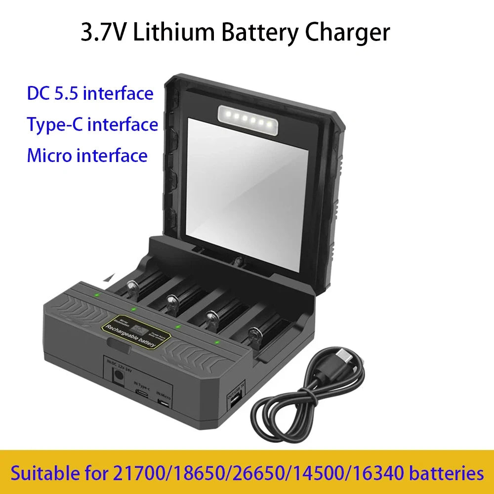 Solar Lithium Battery Smart Charger Type-C USB Four-Slot Multi-Function Outdoor Charger for 3.7V 18650/26650/21700 Batteries