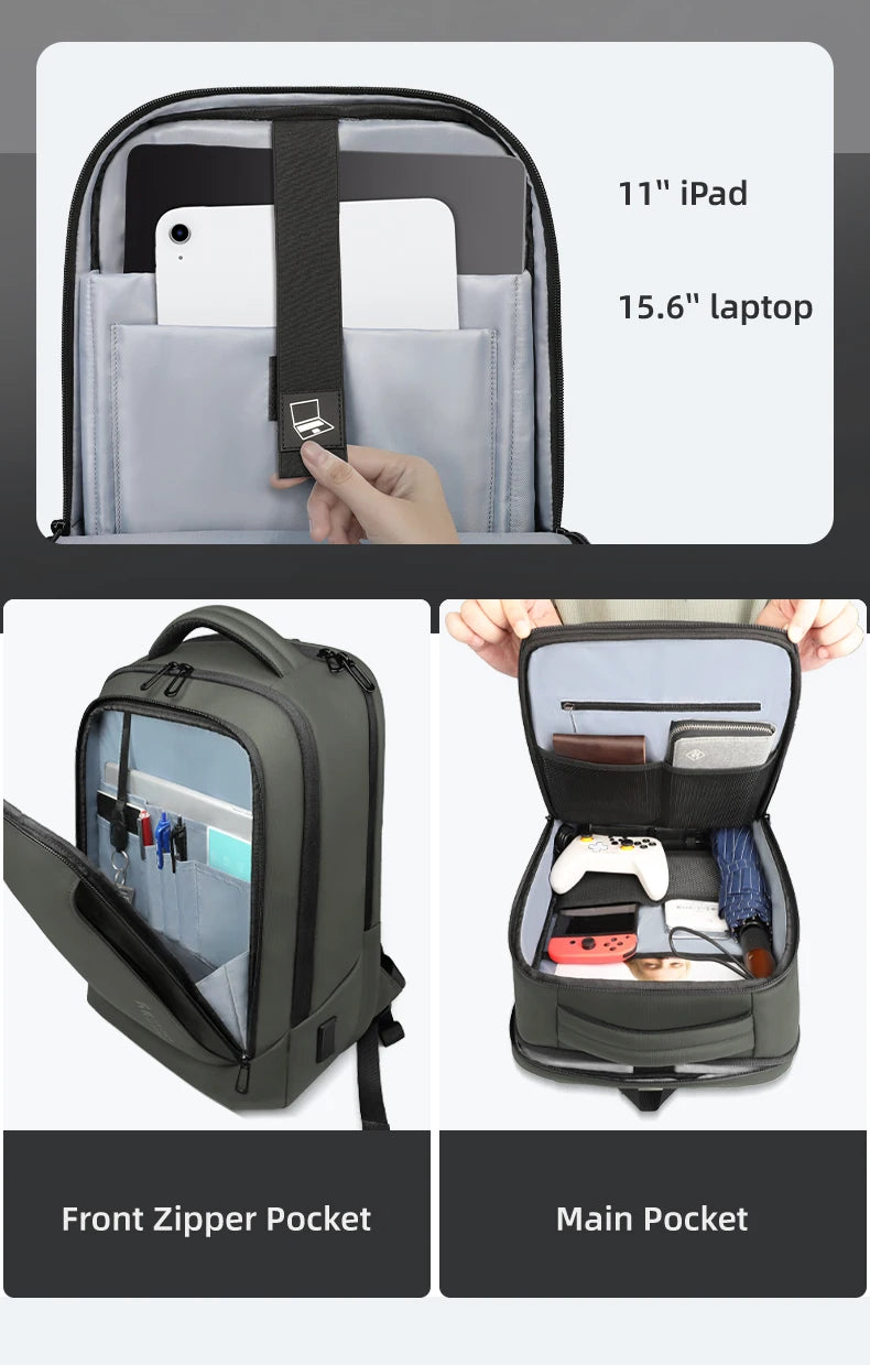 HK Casual Travel Backpack for Men 15.6 inch Laptop Backpack with USB Charging Port Waterproof Daypack Computer Bag for Business