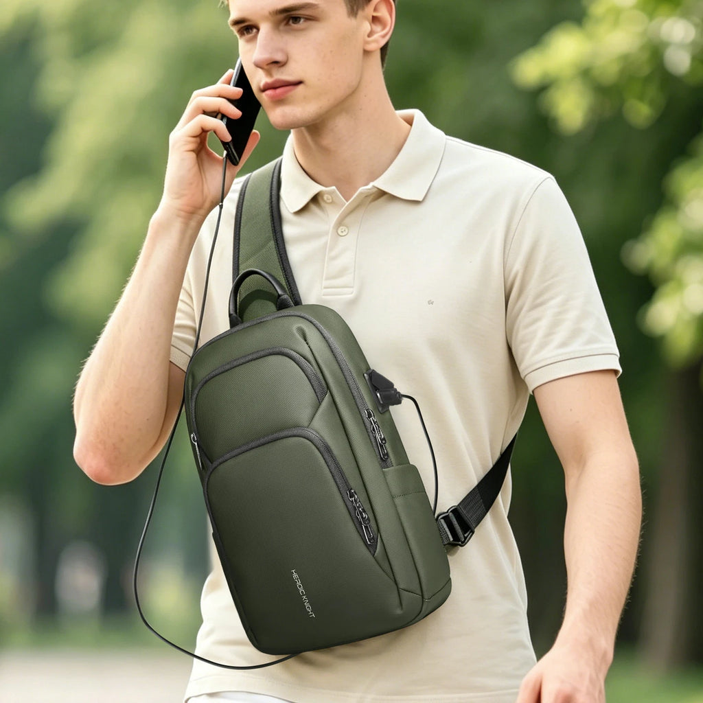 HK Waterproof Men's Shoulder Bag Fit 7.9" iPad Lightweight Crossbody Bag with USB Port Minimalist Phone Pouch for Daily Commute