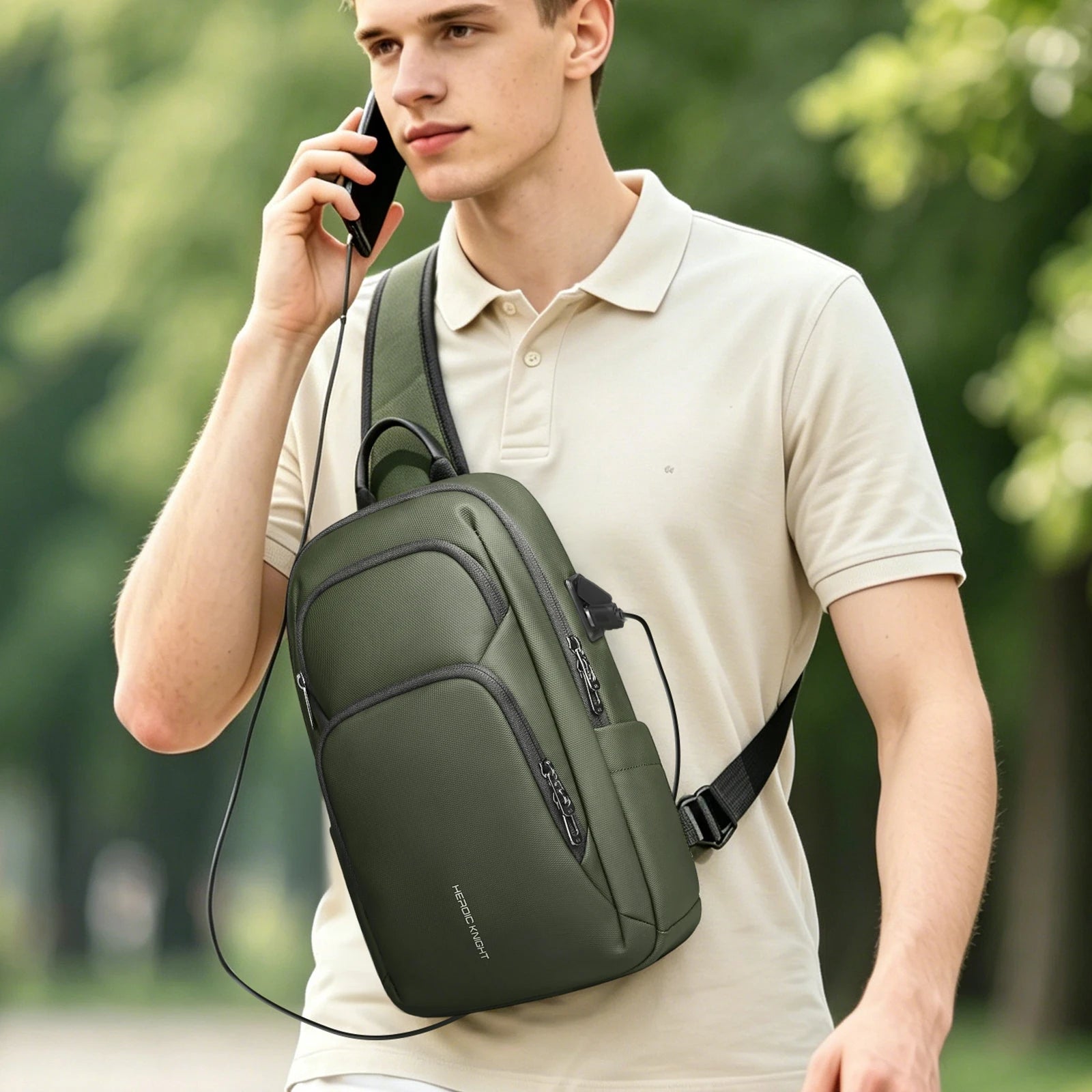 HK Waterproof Men's Shoulder Bag Fit 7.9" iPad Lightweight Crossbody Bag with USB Port Minimalist Phone Pouch for Daily Commute
