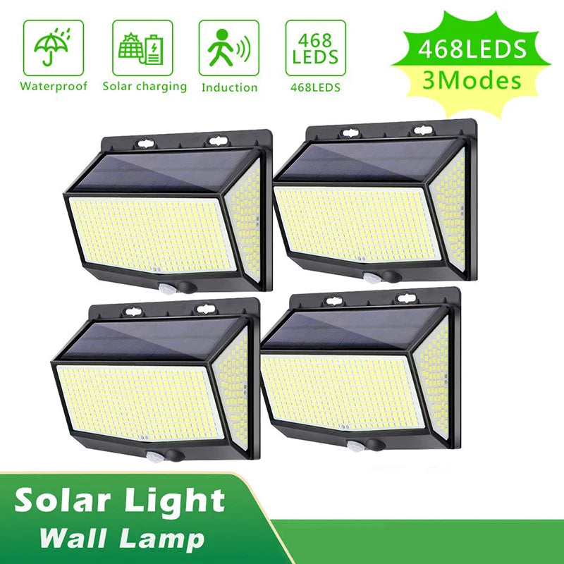 Solar Lights Outdoor 458 LED Solar Wall Lamp Waterproof Wireless Motion Sensor Security 3 Modes Garden Fence Yard Deck Garage