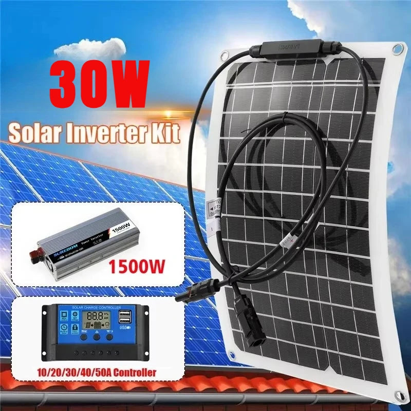 Solar Power System Kit Battery Charger 30W Solar Panel 10-60A Charge Controller Complete Power Generation Home Grid Camp