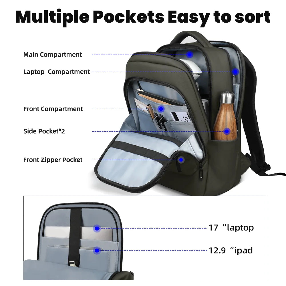 HK Multi Pocket Business Backpack Waterproof 17 inch Laptop Backpack with USB Charging Port School Bag for Men Computer Rucksack