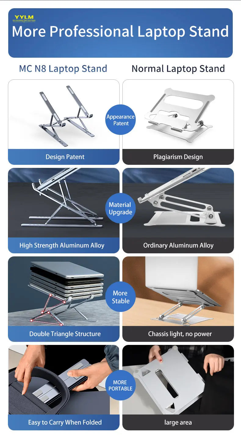 YYLM NEW N8 Adjustable Laptop Stand Aluminum for Macbook Tablet Notebook Stand Table Cooling Pad Foldable Laptop Holder  A
