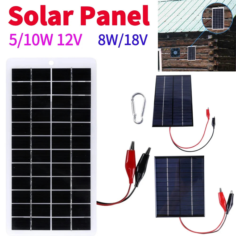 10W Solar Battery Charger with Carabiner 12V Solar Power Bank Polysilicon Solar Charger Plate Portable for 9-12V Battery