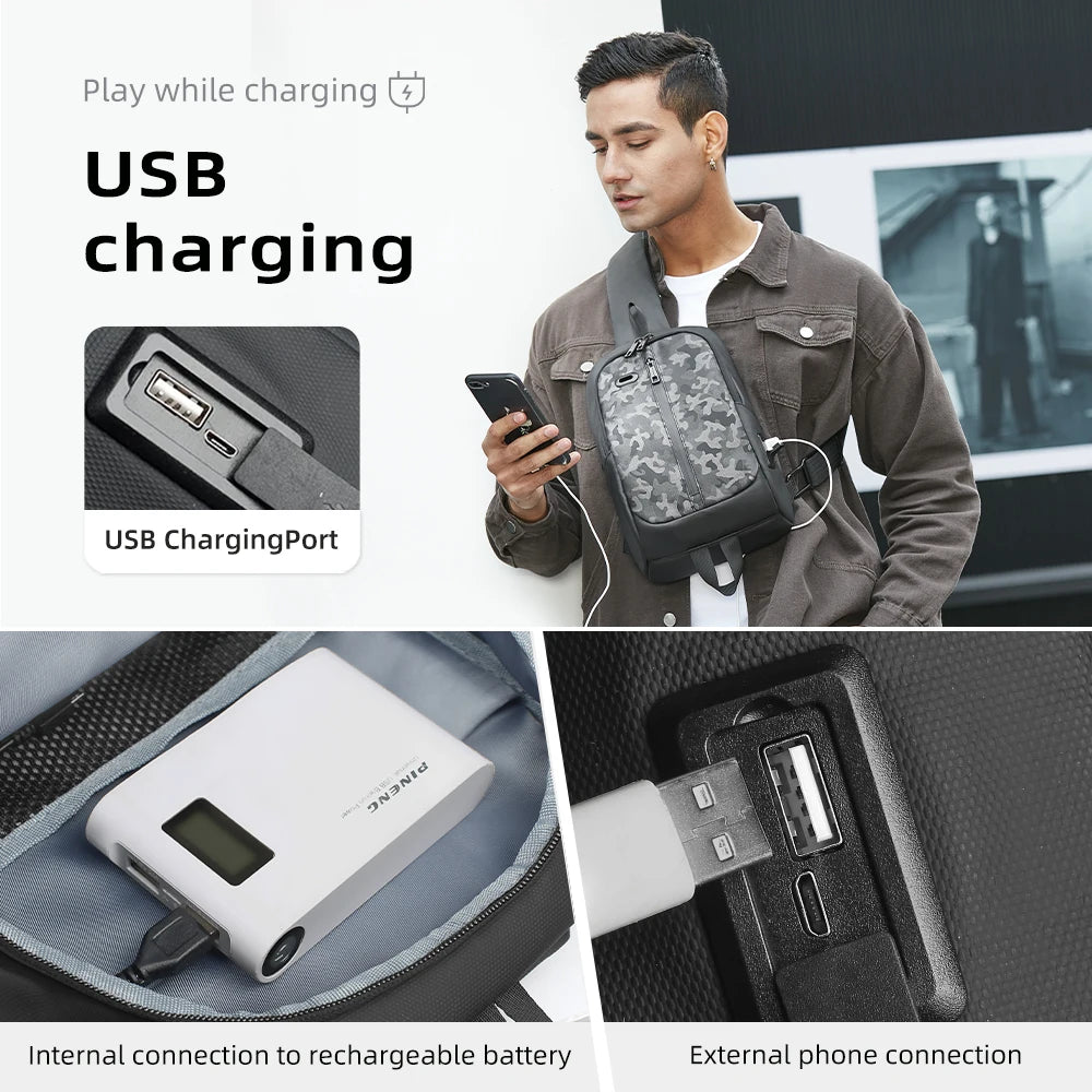 HK Lightweight Shoulder Bag USB Charging Camouflage Crossbody Bag for Men Casual Outdoor Running Sling Bags With Earphone Jack